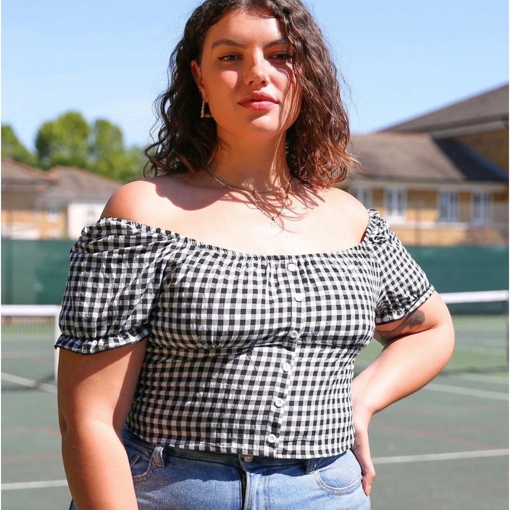 SHEIN Plus Off Shoulder Button Front Plaid Top